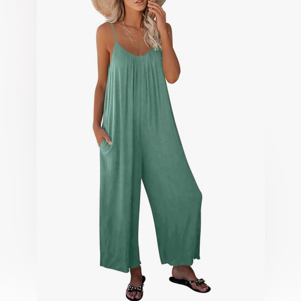 Women's Loose Sleeveless Jumpsuits Spaghetti Strap Stretchy Long Pant Green M.